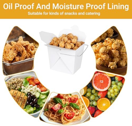 zmybcpack 50 Pack 16oz/1 Pint Chinese Take Out Boxes, Paper Food Containers | Chinese To Go Boxes with Metal Wire Handle & Labels for Hot Or Cold Food