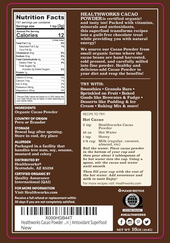 Healthworks Superfoods Organic Cacao Powder 1 lb Unsweetened Vegan Non-GMO | Organic, Unsweetened, Antioxidant, Magnesium, Non-GMO, Vegan, Keto, For Baking, For Smoothies, For Hot Chocolate, Paleo