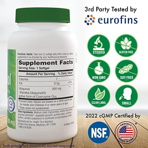Health Thru Nutrition Ubiquinol 200mg 30 Softgels as Kaneka QH Reduced CoQ-10 | Stabilized - 3rd Party Tested | Enhanced Bioavailability | Cardiovascular & Mitochondria Function Support | Non-GMO | Reduced Form CoQ-10 Supplement, High Absorption, Cardiov…
