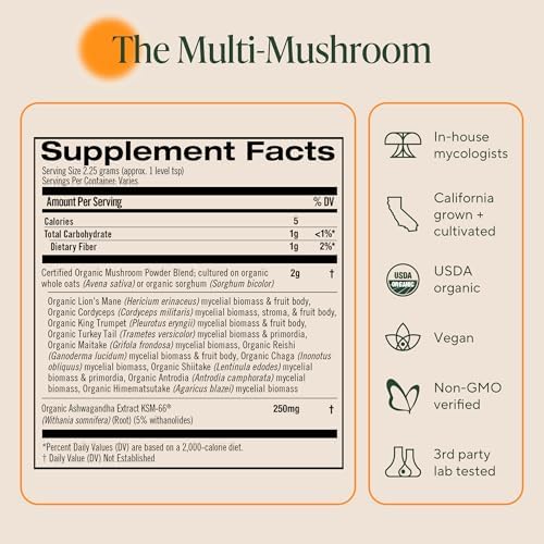 Om Master Blend Mushroom Powder – Organic Mushroom Supplement with 10 Mushrooms and Ashwagandha - Support Immunity, Gut Health & Stress Relief
