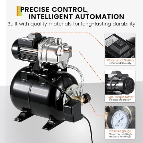 1HP Stainless Steel Water Transfer Pump with Well Pressure Tank – Shallow Well Pump & Irrigation Pump Combo, 130ft Max Lift, 20ft Suction Lift, Automatic Pressure Switch for Farm Use