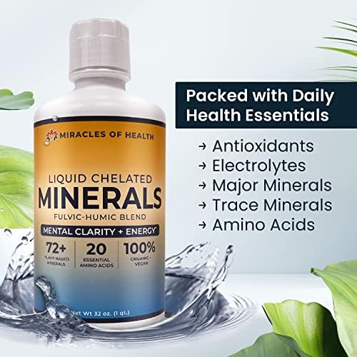 Liquid Chelated Minerals - Organic Humic Fulvic Mineral Blend - 72+ Plant-Based Minerals, 20 Essential Amino Acids - 100% Natural - 1 Month Supply