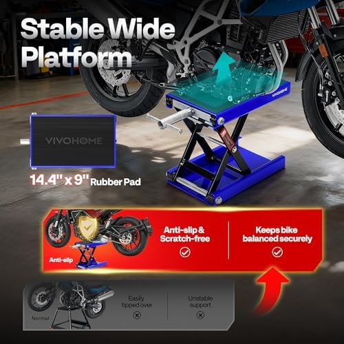 VIVOHOME 1100 LBS Motorcycle Lift Scissor Jack, Wide Deck Hoist Stand, Red | Height Adjustable Center Stand with Crank, Steel Lift for Cruiser, Dirt Bike, ATV