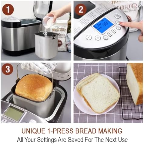 KITCHENARM 29-in-1 SMART Bread Machine with Gluten Free Setting 2LB 1.5LB 1LB Bread Maker Machine with Homemade Cycle - Stainless Steel Breadmaker