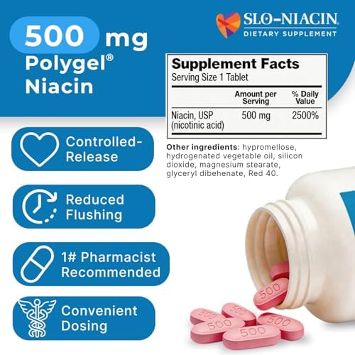 Slo-Niacin Slow Release Niacin 500mg – Vitamin B3 Supplement for Heart Wellness – Flush-Free B3 Vitamins for Cholesterol & Cardiovascular
