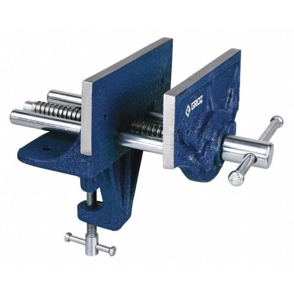 Groz 6-Inch Portable Woodworking Vise, Dual Mount Bench Clamp or Bolt-Down, Cast Iron with Toe-In Jaws and Chrome-Plated Screw, for Woodworkers and DIY (39006)