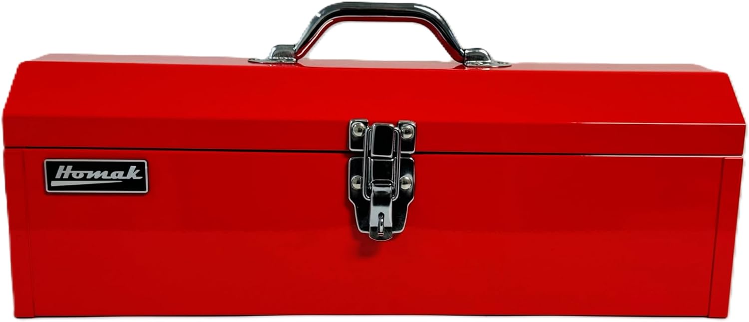 Homak Tool Box, 16" Portable Steel Small Tool Box with Metal Latch Closure & Plastic Handle, Multi-Purpose Heavy Duty Toolbox, Red