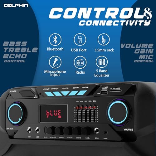 Dolphin Large Bluetooth Party Speaker with Wired Microphone, 15" Woofer | 140W Output, WaveSync Pairing, X-Bass, Digital EQ, USB, SD, FM & AUX Inputs
