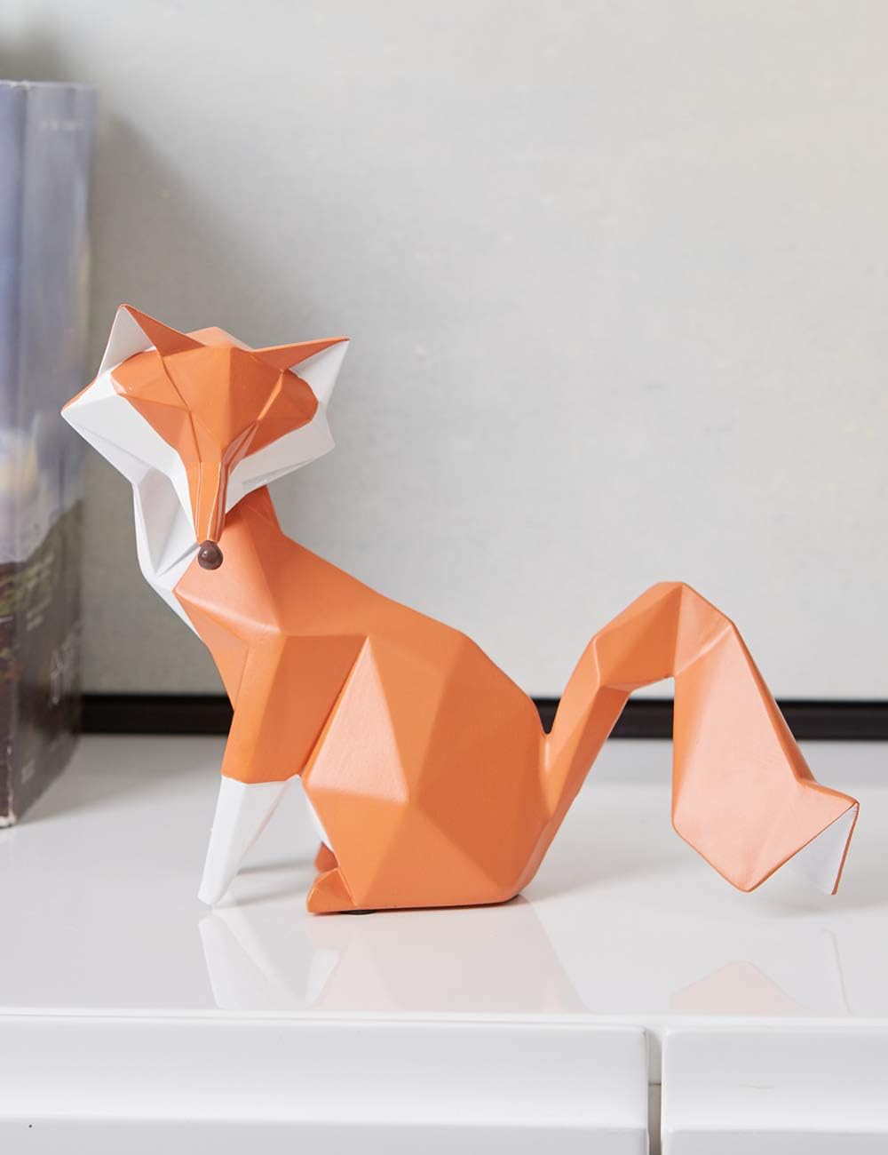 HAUCOZE Fox Statue Figurine Animal Sculpture Modern Home Decor 8.3 Inch | Orange Resin Geometric Art Birthday Holiday Gift Handmade Ornament for