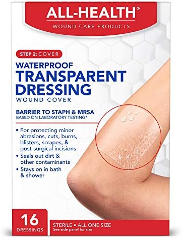 All Health Clear Waterproof Transparent Wound Dressing, 2.36"x2.75", 16ct | Ideal for Use Post Surgery. For Wound Covering, Tattoo Aftercare