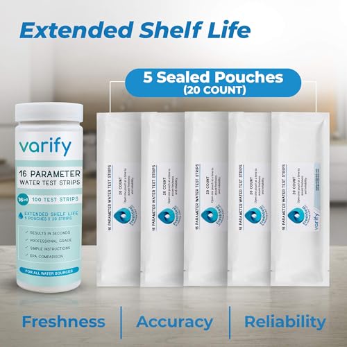 Varify 17in1 Complete Drinking Water Test Kit - 100 Strips + 2 Bacteria Tester Kits - Well, Tap, Home, City Water Testing Strip for Lead, Alkaline