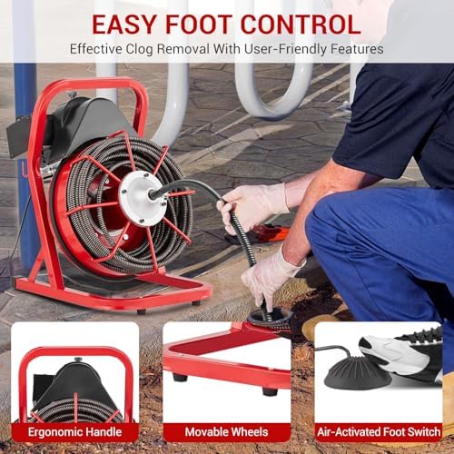 75 ft x 1/2 in Drain Cleaner Machine, 400W Electric Drain Snake with 6 Cutters & Foot Switch for 1 in to 4 in Pipes, Heavy Duty Sewer Auger for Sinks