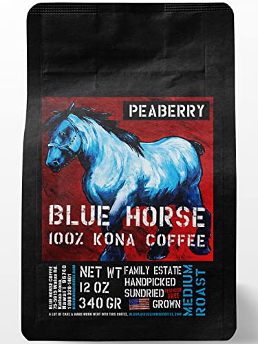 Blue Horse 100% Kona Coffee Whole Bean - 16 oz Medium Roast, Farm Fresh | Certified Organic, Arabica Whole Beans,, Grown In Hawaii USA, Shade Grown, Handpicked, Vacuum Sealed Bag, Caffeinated, Vegan