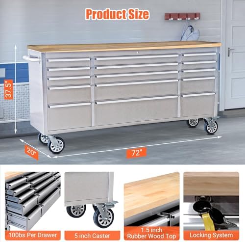 61-Inch Rolling Tool Chest with 10 Drawers & Power Strip, Solid Rubber Wood Top, 1675 LBS Load Heavy Duty Mobile Workstation, Locking System and Drawer Liners for Garage Warehouse Shop, Black