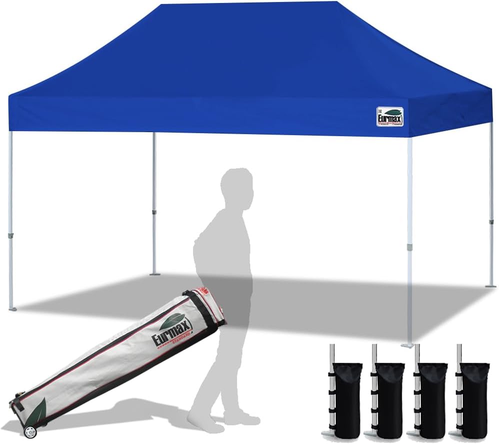 Eurmax USA 10x10ft Pop Up Canopy,Commercial Instant Tent for Outdoor Events,Patented No-Tip Rolling Storage Bag with 4 Sandbags,UV & Water Resistant,Heavy Duty Portable Shelter Gazebo,Black