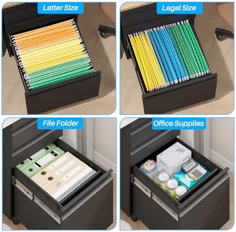 3-Drawer Mobile Steel Filing Cabinet with Lock, Fully Assembled Under Desk File Cabinet for Letter/Legal/A4 Size, Heavy Duty Storage Organizer for Home Office