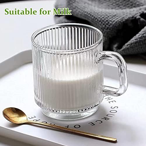 Qipecedm 6 PACK Premium Glass Coffee Mugs with Handle, 12 OZ Classic Vertical Stripes Glass Coffee Cups, Transparent Tea Cup for Hot/Cold Beverages