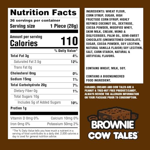 Goetze's Candy Caramel Brownie Cow Tales, 2.25 lb 36ct Canister | Rich Chewy Brownie Caramel & Smooth Cream Filling