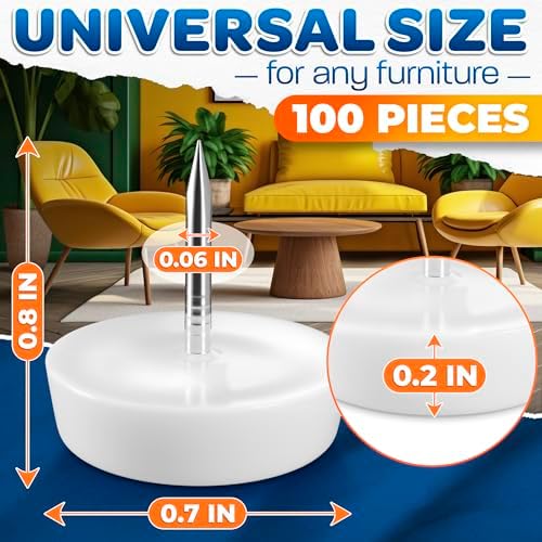 100 Pcs Nail in Furniture Glides, 0.8"x0.7" (20.3 x 17.8mm), Nylon (White) | Furniture Feet for Hardwood Floor, Steel Nail Hold Stays Put