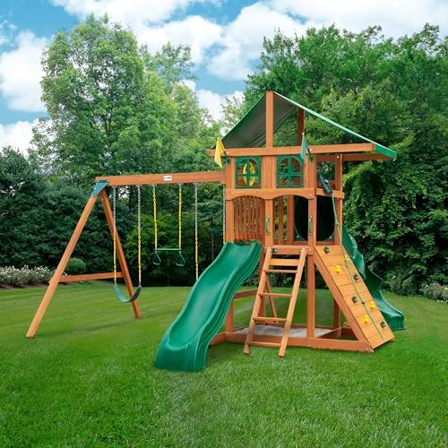 Gorilla Playsets 01-1089 Avalon Treehouse Swing Set with Oversized Green Vinyl Canopy Roof, Twister Tube Slide, Climbing Wall, Ladder