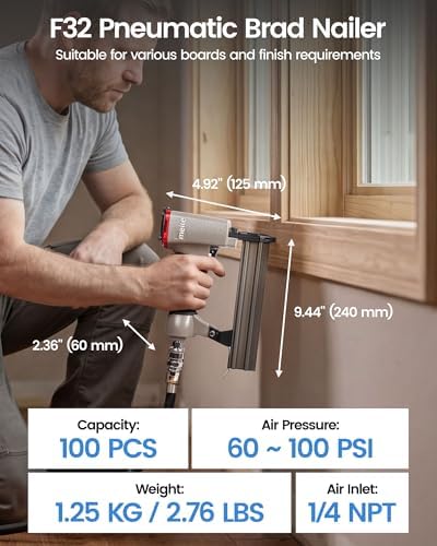 meite F32 Brad Nailer 18 Gauge 3/8" to 1-1/4" Pneumatic Tool for Woodworking Projects