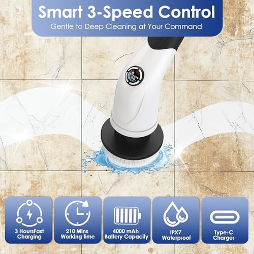 Cordless Electric Spin Scrubber, IPX7 Waterproof Rechargeable Power Cleaning Brush with 4000mAh Battery, 210min Runtime, 7 Brush Heads