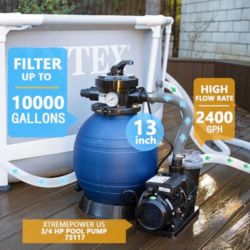 XtremepowerUS 13" Sand Filter Pump System for Above Ground Swimming Pool Self-Priming Pool Pump Multi-Port Valve, Strainer Basket 2, 400 GPH, Up to 10