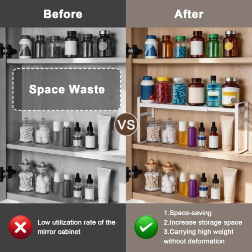 Medicine Cabinet Shelves, 3.58" Wide Metal Cabinet Shelf Organizer with Adjustable Tiers and Non-Slip Pads for Kitchen