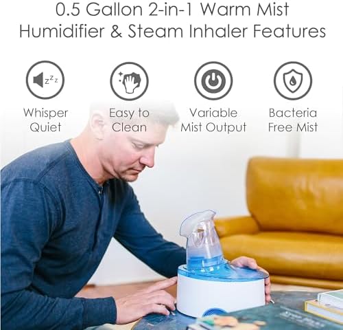 Crane Steam Inhaler & Warm Mist Humidifier, 0.5 Gallon, Humidifier FSA Eligible, Blue & White, Ideal Humidifiers for Bedroom, Sinus Inhaler