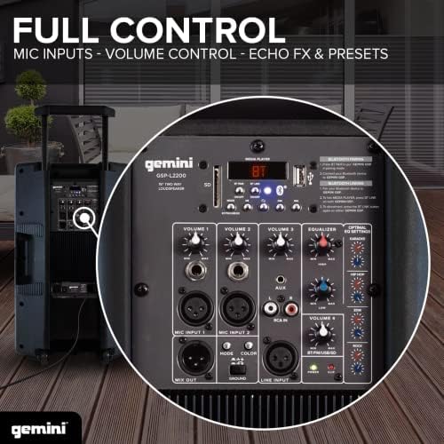 Gemini 15" Bluetooth PA Speaker, 1800 Watts, 3-Ch Mixer (GSP-2200)