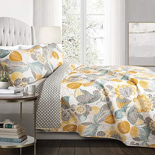Lush Decor Layla Quilt Floral Leaf Print 3 Piece Reversible Bedding Set Full/Queen Orange & Blue