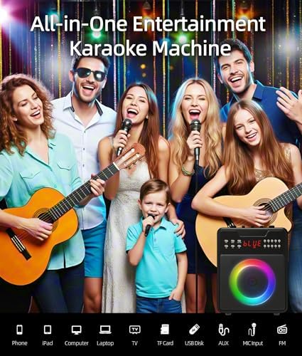 Karaoke Machine for Adults, Portable Bluetooth Speaker with 2 Wireless Microphones and Lights Show, Karaoke Speaker with Bass & Treble, Supports for TWS,USB,FM,REC,AUX in,TF Card for Party/Meeting