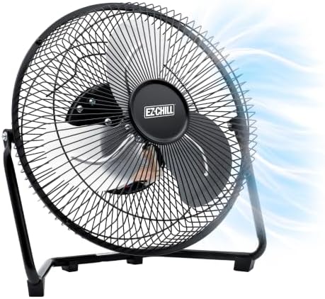 EZ-CHILL 12” Cradle Floor Fan, 3 Speed, High Velocity, 180 Degree Adjustable Tilt, All-Metal, Carry Handle, Rubber Feet, Airflow 15.42 ft/sec, Ideal for Home, Bedroom & Office, Black