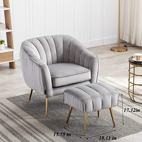 Velvet Modern Tub Barrel Arm Chair Upholstered Tufted with Gold Metal Legs Accent Club Chair with Ottoman Footrest for Living Reading Room Bedroom