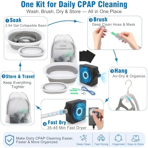 9 Pack CPAP Cleaning Kit for Hose & Mask, with Speed Control Hose Dryer, Collapsible Wash Basin & Hose Hanger, 7ft Cleaning Brush, CPAP Cleaning Supplies with Storage Bag, for 22mm & 15mm Tube