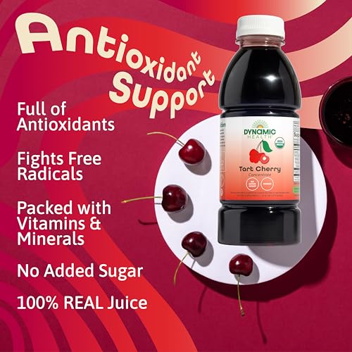 DYNAMIC HEALTH Organic 100% Tart Cherry Juice Concentrate, 32 fl oz | Antioxidant Support, Unsweetened, No Additives, 31 Servings, Vegan, Gluten Free