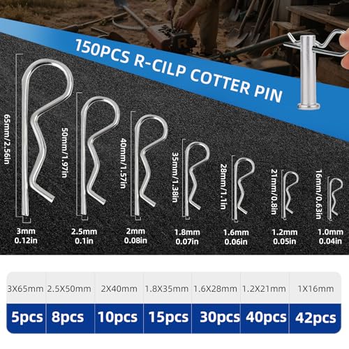 50 Pcs Cotter Pins Assortment Kit R Clips retaining pin | Heavy Duty R Clips Hardware Pins, 5 Sizes Spring Fasteners, Hitch Pin for Trailer Locking