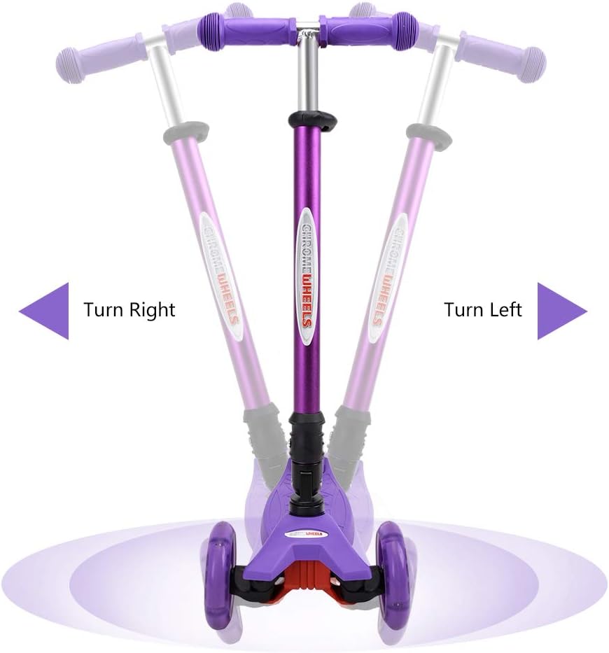 ChromeWheels Foldable Scooters for Kids, Deluxe Kick Scooter 4 Adjustable Height 132lbs Weight Limit 3 Wheel, Lean to Steer LED Light Up Wheels