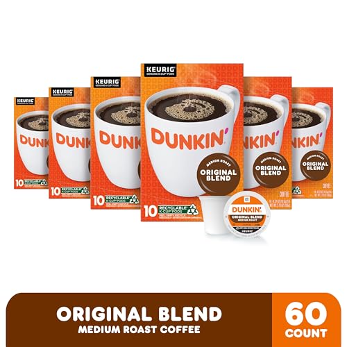 Dunkin’ Original Blend Medium Roast Coffee, Keurig K-Cup Pods, 60 Count | 6 boxes of 10 single serve coffee pods each, Rich & smooth flavor, Made with arabica coffee, Shelf stable, SNAP EBT eligible