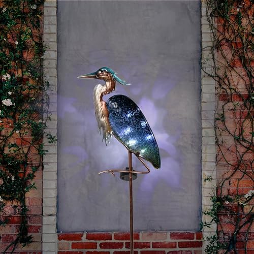 TERESA'S Collections Garden Decor for Outside Blue Heron Solar Lights, 42" Glass Lawn Ornaments with Outdoor Lights Decorative Stake