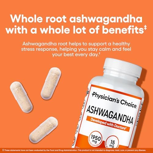 Physician's CHOICE Ashwagandha Supplement - 1950mg of Bioavailable Organic Ashwagandha Root Powder - Black Pepper Extract, Stress Support