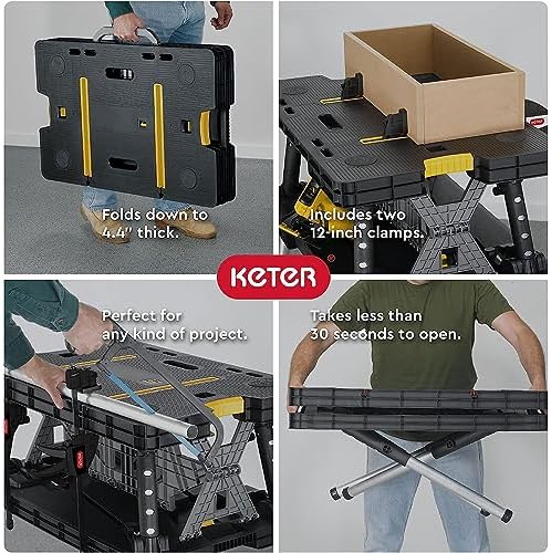 Keter Heavy-Duty Folding Workbench with 1,000 Pound Capacity | Foldable Work Table with 12 Inch Adjustable Clamps for Garage and Outdoor Workshop, Home Improvement, and Construction