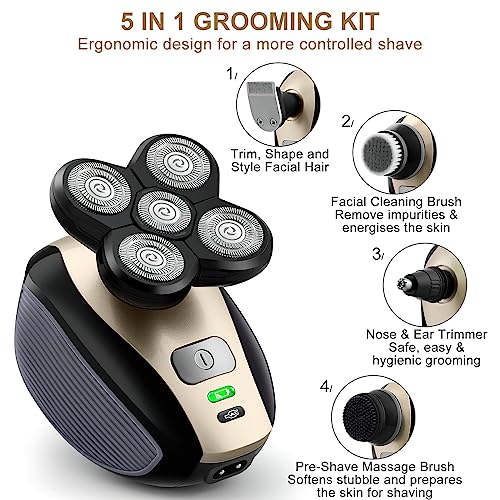 Bald Shavers for Men - Telfun Upgrade 5-in-1 Electric Head Shavers for Bald Men, 100% Waterproof Cordless Razor, Wet/Dry Shaving, 5 Dual Track Heads