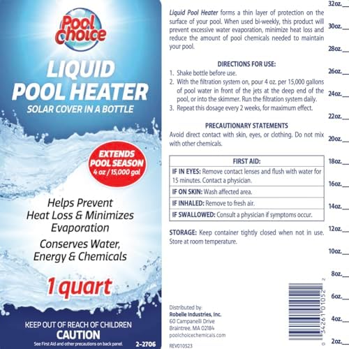 SpaChoice 1-Quart Premium Liquid Pool Heater Solar Cover in a Bottle | Liquid Solar Blanket for Pool, Helps Prevent Heat Loss, 4 ounces per 15,000 gallons of water every 2 weeks, Made in USA