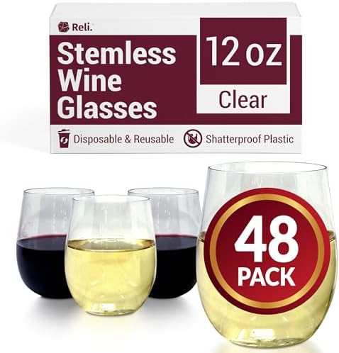 Reli. Disposable Wine Glasses (48 Pack, 12oz) | Clear | Stemless, Shatterproof | Plastic Stemless Wine Glasses Disposable | Parties, Cocktails