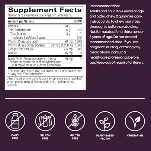 Nature's Way Sambucus Elderberry Gummies for Immune Support* Ages 4+, 60 ct | Immune Gummy with Black Elderberry Extract, Vitamin C, D3, Zinc
