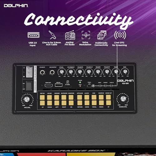 Dolphin Karaoke Machine with 2 Wireless Microphones, 18" Woofer | 18.5" Touchscreen, Android 12, Bluetooth, HDMI, USB, TF, AUX & FM Inputs