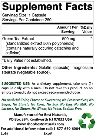 Best Naturals Green Tea Extract 500 mg 250 Capsules