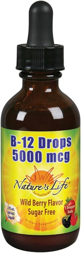 Nature's Life B12 Drops 5000 mcg - Vitamin B12 Methylcobalamin - Liquid B12 Supplement for Energy Metabolism, Nerve Function and Red Blood Cell Support Natural Mixed Berry, Sugar Free (200 Serv, 4oz)