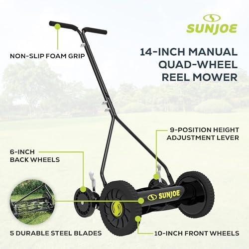 Sun Joe Manual Push Reel Lawn Mower with 6.6-Gal Grass Catcher, 16-Inch Cutting Width - Heavy-Duty Yard Trimmer Machine for Gardening Care and Maintenance, MJ500M